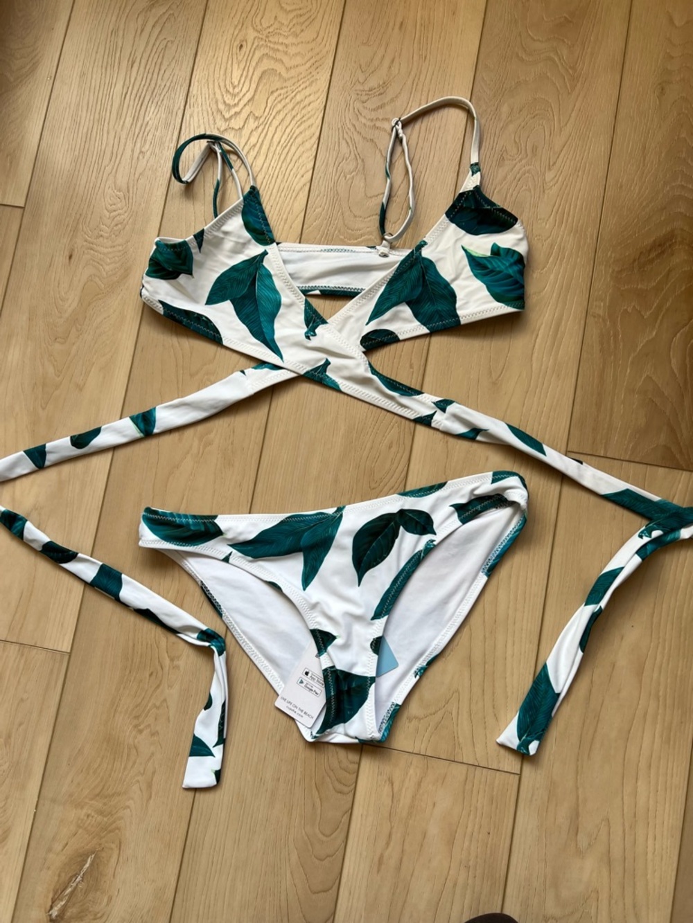 Cupshe White Bikini with Green Leaf Print Wrap Top